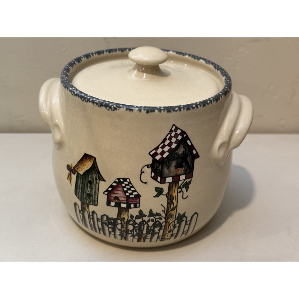 2000 Home And Garden Party Bird Houses Canister Bean‎ Pot with Lid & Handles USA